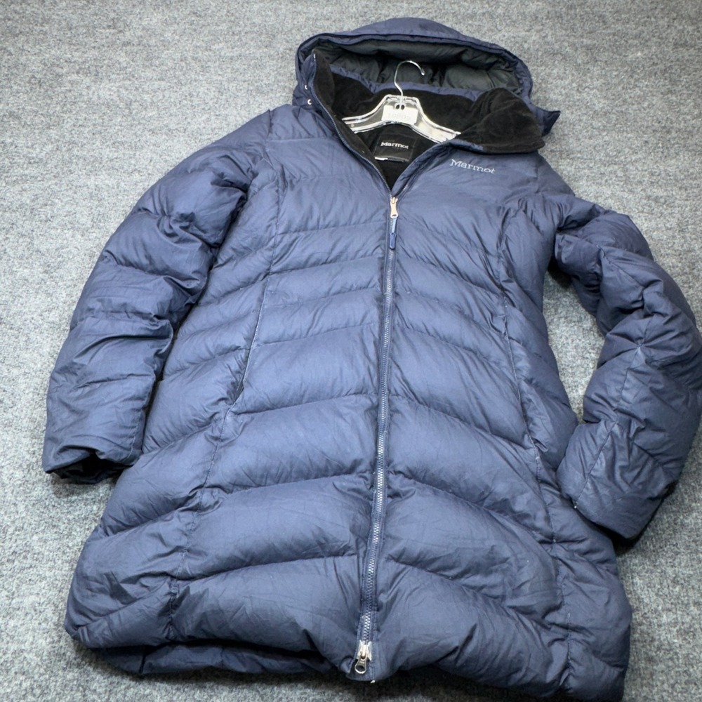 Marmot Montreal Down Parka Coat Womens Medium Blue 700 Fill Puffer Jacket Hooded